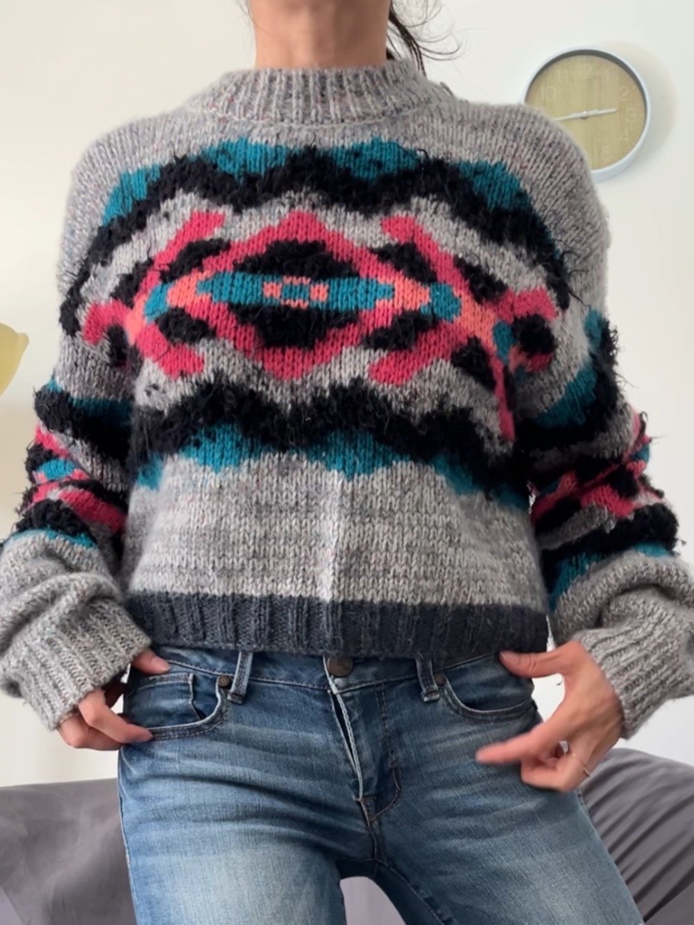 Free People Mock Neck Patterned Wool Sweater XS